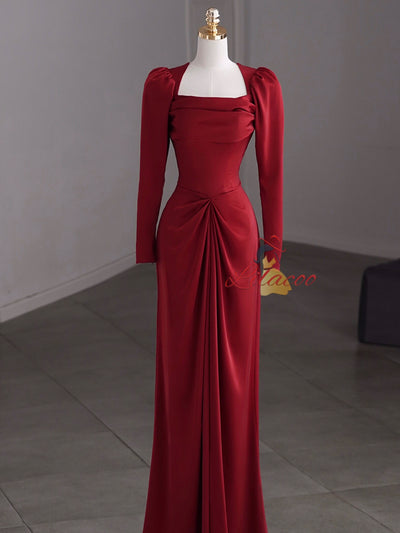 Burgundy Long Sleeve Satin Pleats Prom Dress