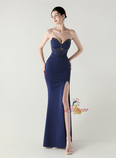 Mermaid Strapless Pleats Beading Prom Dress