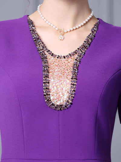 Purple Short Sleeve Beading Mother Of The Bride Dress