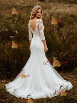 White Mermaid Tulle Appliques Short Sleeve Wedding Dress
