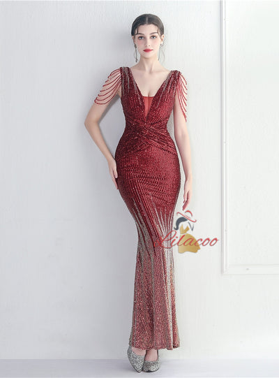 V-neck Sequins Beading Prom Dress