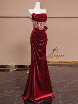 Burgundy Mermaid Velvet Pleats Prom Dress