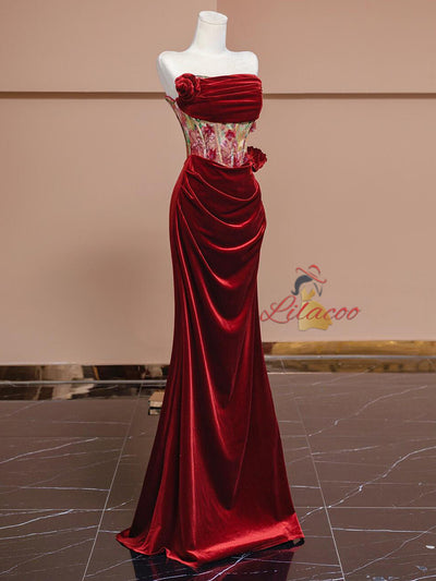 Burgundy Mermaid Velvet Pleats Prom Dress