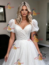 White Sequins Puff Sleeve Wedding Dress