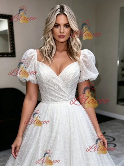 White Sequins Puff Sleeve Wedding Dress