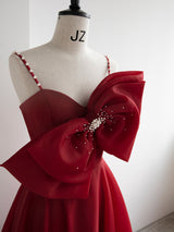 Burgundy Spaghetti Straps Bow Pearls Prom Dress