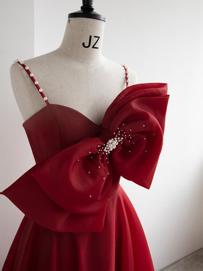 Burgundy Spaghetti Straps Bow Pearls Prom Dress
