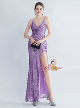 Sequins V-neck Backless Split Prom Dress