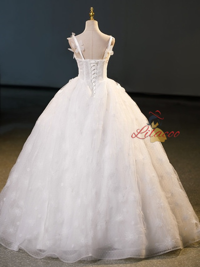 White Ball Gown Tulle Flower Wedding Dress