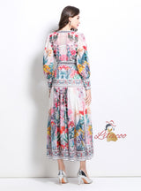V-neck Lantern Sleeve Button Printed Dress