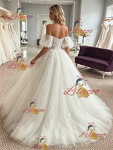 White Tulle Appliques Off the Shoulder Wedding Dress