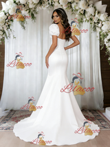 White Mermaid Satin Puff Sleeve Wedding Dress