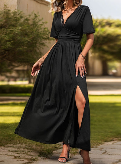 V-neck Short Sleeve Long Dress