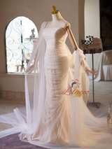White Mermaid Tulle Pleats Wedding Dress