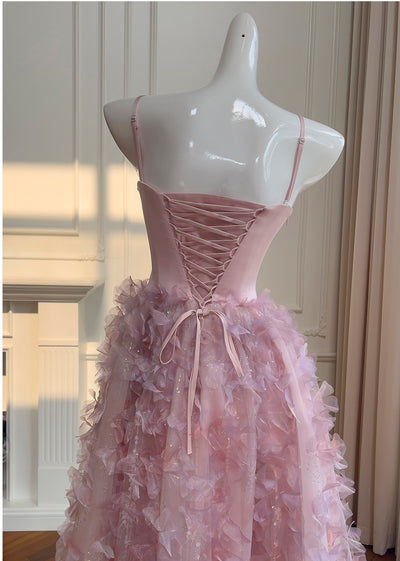 Pink Sequins Straps Sequins Flower Prom Dress
