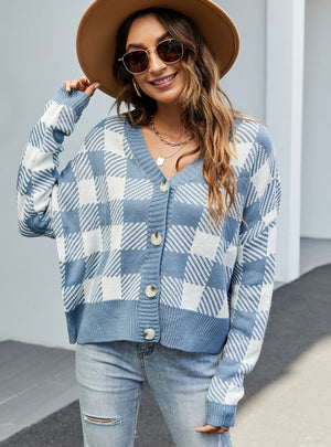 V-neck Loose Plaid Long Sleeve Sweater Coat