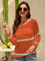 Thin Loose Round Neck Striped Hollow Long Sleeve Top