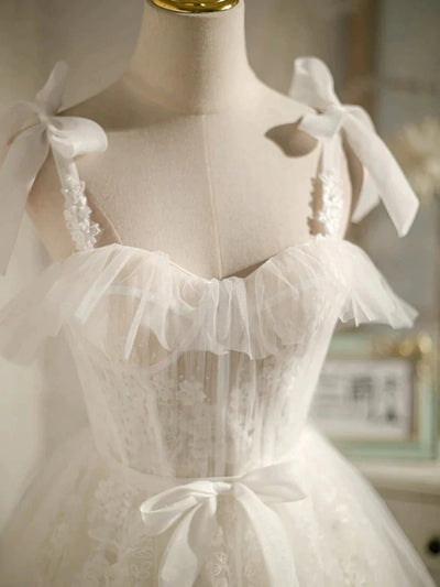 White Tulle Straps Lace Pleats Homecoming Dress