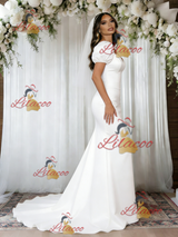 White Mermaid Satin Puff Sleeve Wedding Dress