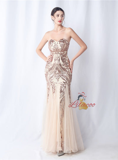 Strapless Tulle Sequins Prom Dress