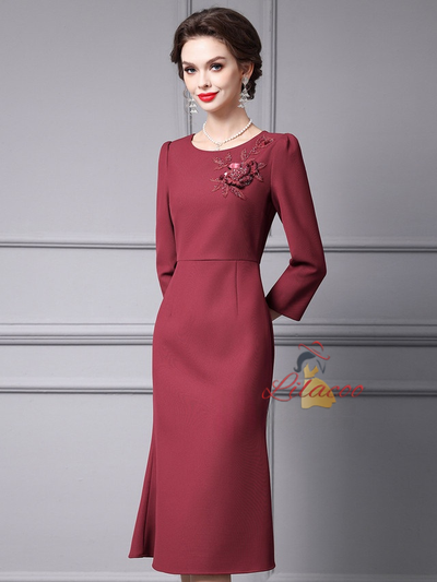 Burgundy Long Sleeve Mother of the Bride Dress
