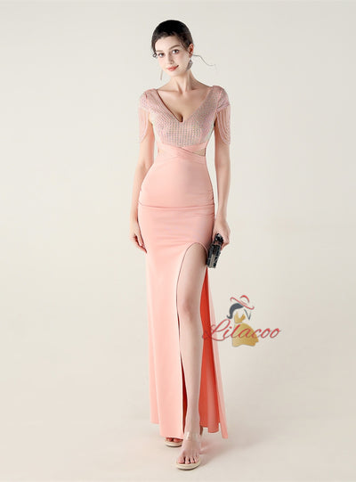 Mermaid V-neck Beading Split Prom Dress