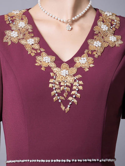 Burgundy Short Sleeve Beading Mother Of The Bride Dress