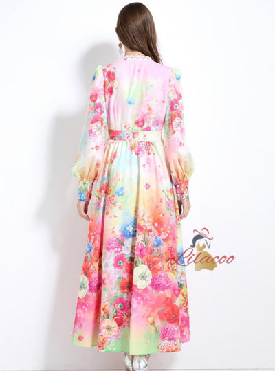 V-neck Lace Lantern Sleeve Printed Chiffon Dress