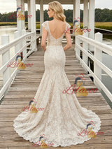 Champagne Mermaid Lace Cap Sleeve Wedding Dress