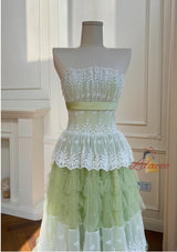 Green Tulle Lace Straps Tiers Prom Dress