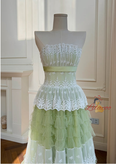 Green Tulle Lace Straps Tiers Prom Dress