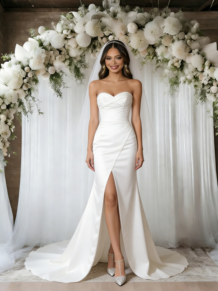 White Mermaid Satin Strapless Wedding Dress