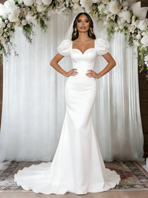 White Mermaid Satin Puff Sleeve Wedding Dress