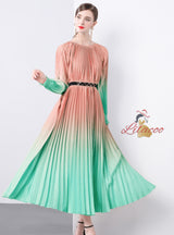 Long Sleeve Print Oversized Pleated Dress