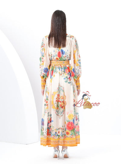 Lantern Sleeve Retro Print Dress