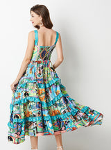 Printed Wood Ear Slim Long Retro Suspender Dress