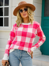 Long Sleeve Round Neck Plaid Sweater