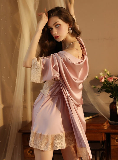 Long Sleeve Satin Lace Nightgown