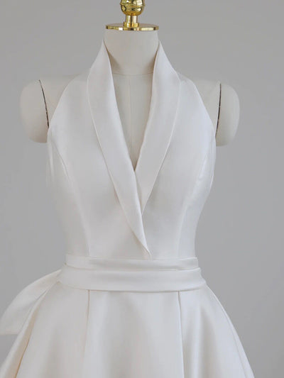 Simple Ivory Satin V-neck Wedding Dress