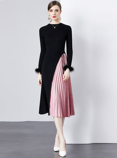 Round Neck Long Sleeve Feather Pleated Dress