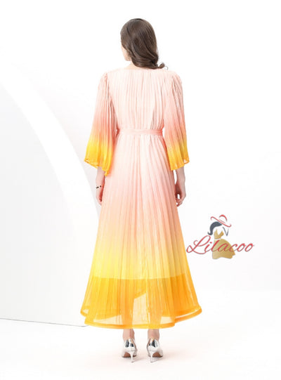 V-neck Flared Sleeve Gradient Dress