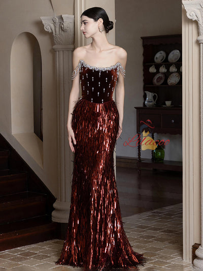 Burgundy Mermaid Sequins Straps Prom Dress