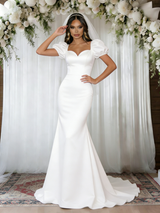White Mermaid Satin Puff Sleeve Wedding Dress