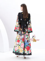 Retro V-neck Breasted Printed Long Dress