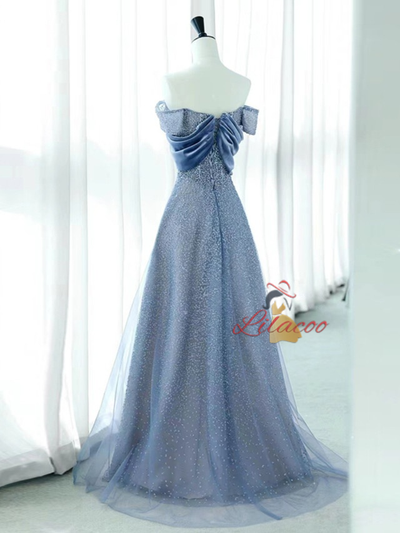 Blue Tulle Sequins Off the Shoulder Pleats Prom Dress