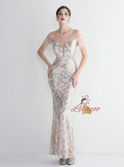 Scoop Neck Sequins Cap Sleeve Beading Prom Dress