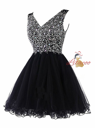 Black V-neck Tulle Beading Homecoming Dress