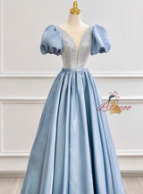 Blue Satin Puff Sleeve Sequins Prom Dress