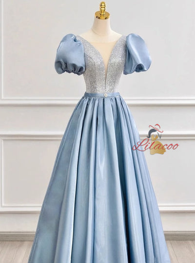 Blue Satin Puff Sleeve Sequins Prom Dress