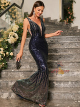 Navy Blue Sequins V-neck Prom Dress